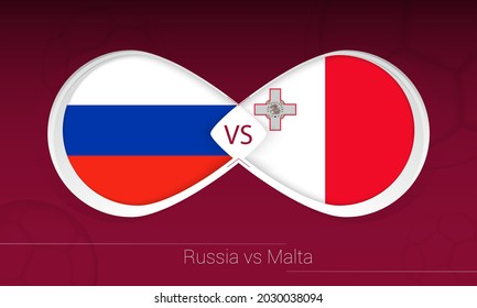 Rusia vs Malta en competencia de fútbol, grupo H. Icono contra fondo de fútbol. Ilustración vectorial.