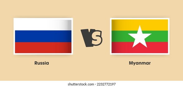 Russland gegen Myanmar Flaggen nebeneinander angeordnet. Kreative stylische Nationalflaggen Russland gegen Myanmar mit Hintergrund