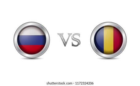 Russia vs romania flag concept in metal circle badges for international championship football competition 