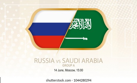 Russia vs Saudi Arabia, Group A. Football competition, Moscow. On beige soccer background.