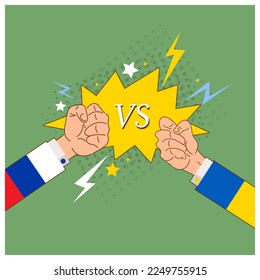 Russia vs Ukraine. A hand clenched into a fist against another hand clenched into a fist. Stylized image of the war in Ukraine. Emblem, icon, poster. Vector illustration
