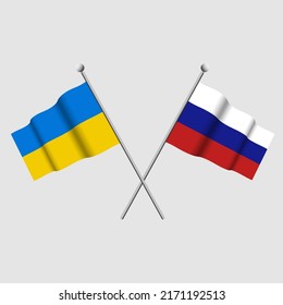 Russia vs Ukraine. Stop the war in Ukraine. Russian flag and Ukrainian national flag icon on light grey background. Abstract Ukraine Russia politics economy relationship conflict symbol concept. Stock