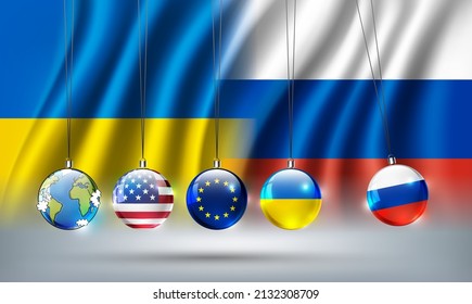 Russia vs Ukraine war affect all countries in the world concept, Russia Ukraine Europe USA flag in form of Newton cradle on Ukraine and Russia flag background, vector illustration