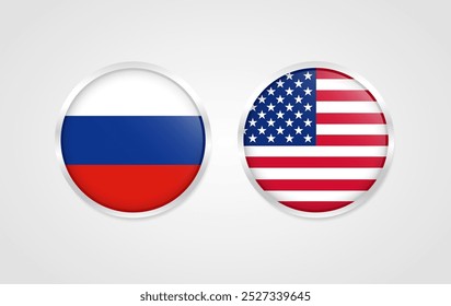 Ícone da Bandeira Redonda Rússia vs Estados Unidos. Bandeira nacional circular sobre branco Ilustração do vetor de fundo