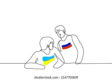 Russia wants peace or truce with Ukraine, man in shirt with Ukrainian flag turned to man in shirt Russian flag who approached him - one line drawing vector