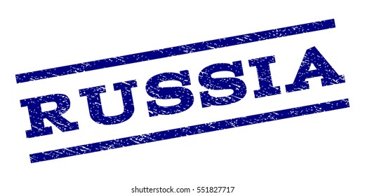 Russia watermark stamp. Text caption between parallel lines with grunge design style. Rubber seal stamp with unclean texture. Vector navy blue color ink imprint on a white background.