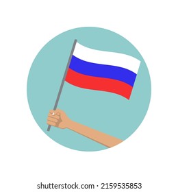 Russia Waving Flag Circle Icon. Hand Holding Russian Flag. National Symbol. Vector Illustration. 