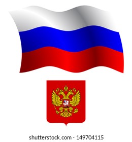 russia wavy flag and coat of arm against white background, vector art illustration, image contains transparency