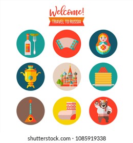Russia. Welcome to Russia. Set of vector round icons. Sights and Souvenirs of Russia. Kremlin, St. Basils Cathedral, balalaika, accordion, bear, matryoshka, pancakes with caviar, samovar, valenoks.