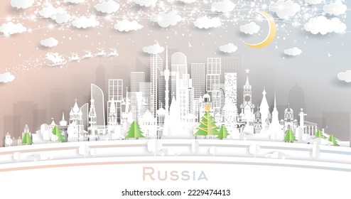 Russia Winter Skyline in Paper Cut Style with Snowflakes, Moon and Neon Garland. Vector Illustration. Christmas and New Year Concept. Santa Claus on Sleigh. Russia Cityscape with Landmarks.