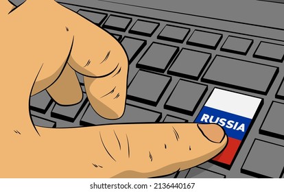 Russia word on computer keyboard. Man push keypad on laptop. Comic book style concept.
