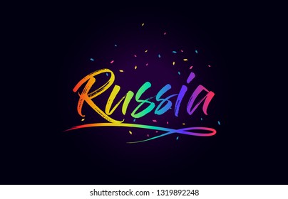 Russia Word Text with Handwritten Rainbow Vibrant Colors and Confetti Vector Illustration.