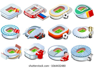 Russia World Cup 2018 football stadium icon set collection. Soccer arena infographic game strategy map icons. Landmark vector illustration symbol.