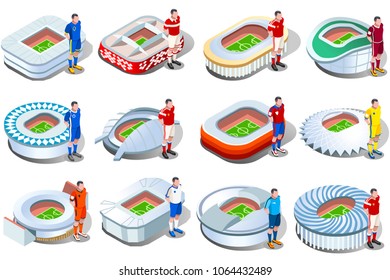 Russia World cup 2018 football club jersey stadium set. Soccer uniform collection player shirt.  Sport infographic vector illustration landmark.