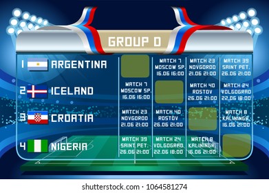 Russia World Cup 2018 football. Match schedule countries group D scoreboard soccer. Stadium time table background vector illustration set collection.