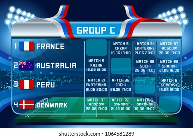 Russia World Cup 2018 football. Match schedule countries group C scoreboard soccer. Stadium time table background vector illustration set collection.