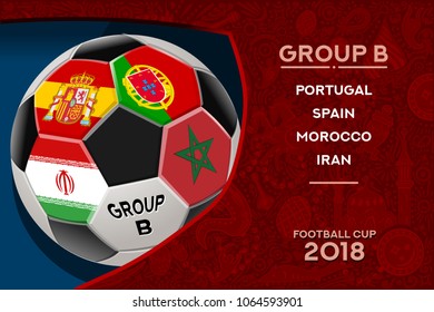 Russia World Cup 2018 football. Match schedule countries group B scoreboard soccer. Stadium time table background vector illustration set collection.