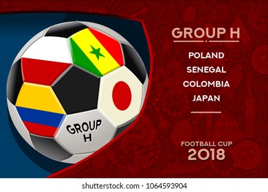 Russia World Cup 2018 football. Match schedule countries group H scoreboard soccer. Stadium time table background vector illustration set collection.