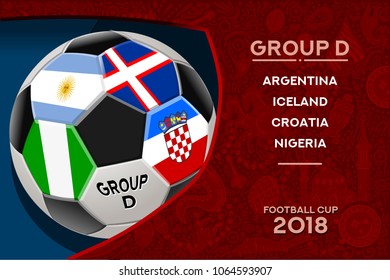 Russia World Cup 2018 football. Match schedule countries group D scoreboard soccer. Stadium time table background vector illustration set collection.