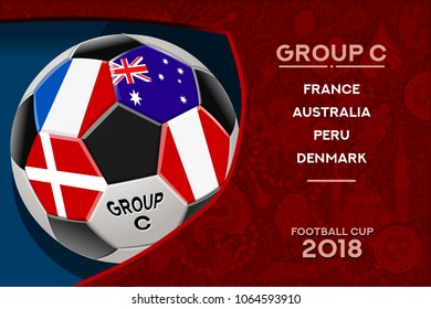 Russia World Cup 2018 football. Match schedule countries group C scoreboard soccer. Stadium time table background vector illustration set collection.