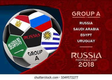 Russia world cup 2018 group A wallpaper with russian pattern and football ball. Vector design.