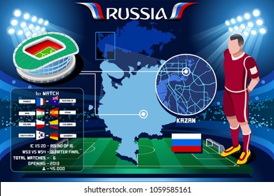 Russia world cup 2018. Kazan Arena stadium infographic. Soccer Opening championship player russian Rubin football club jersey. Vector Illustration set simple style.