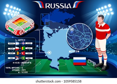 Russia world cup 2018. Moscow Spartak Arena football stadium infographic. Soccer Opening championship player russian club jersey. Vector Illustration set simple style.