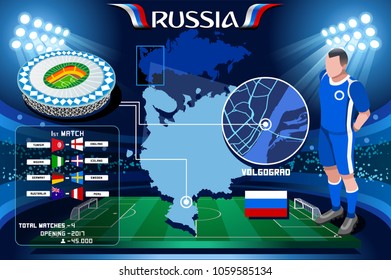 Russia world cup 2018 stadium. Volgograd Arena football stadium infographic. Soccer Opening championship player russian rotor club jersey. Vector Illustration set simple style.