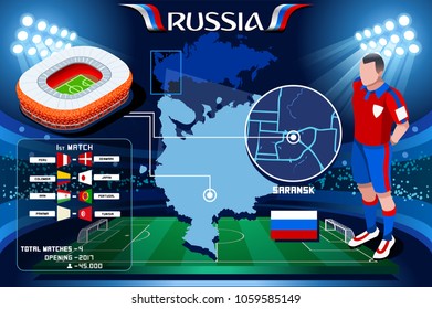 Russia world cup 2018 Stadium. Saransk Arena football stadium infographic. Soccer Opening championship player russian Mordovia club jersey vector illustration set.