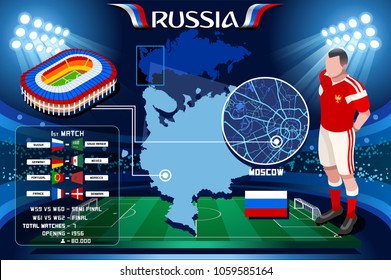 Russia world cup 2018 stadium. Moscow Luzhniki football stadium infographic. Soccer Opening championship player russian club jersey Vector Illustration set simple style.