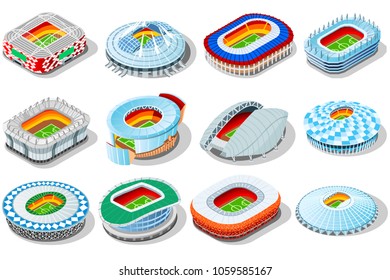 Russia world cup 2018 stadium. Isometric icon set for infographic elements Football arenas. Soccer stadiums buildings.  World cup. Vector stadium gym arena illustration in flat russian style isolated.