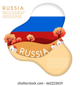 Russia : World Flag in paper cut shapes with trees and mountains in the layers : Vector Illustration