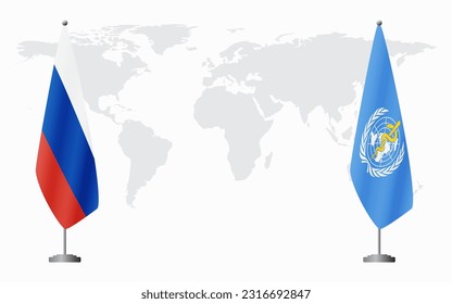 Russia and World Health Organization flags for official meeting against background of world map.