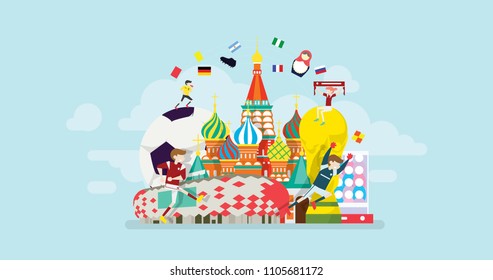 Russia World Soccer Tournament Tiny People Character Concept Vector Illustration, Suitable For Wallpaper, Banner, Background, Card, Book Illustration, Web Landing Page, and Other Related Creative