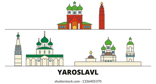 Russia, Yaroslavl flat landmarks vector illustration. Russia, Yaroslavl line city with famous travel sights, skyline, design. 