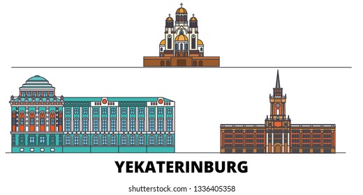 Russia, Yekaterinburg City flat landmarks vector illustration. Russia, Yekaterinburg City line city with famous travel sights, skyline, design. 