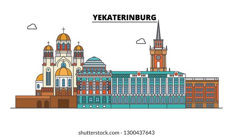 Russia, Yekaterinburg. City skyline: architecture, buildings, streets, silhouette, landscape, panorama. Flat line, vector illustration.