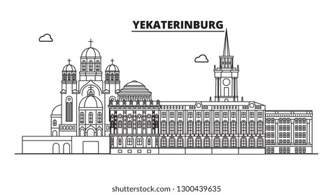 Russia, Yekaterinburg. City skyline: architecture, buildings, streets, silhouette, landscape, panorama, landmarks. Editable strokes. Flat design, line vector illustration concept. Isolated icons