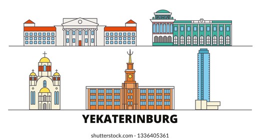 Russia, Yekaterinburg flat landmarks vector illustration. Russia, Yekaterinburg line city with famous travel sights, skyline, design. 