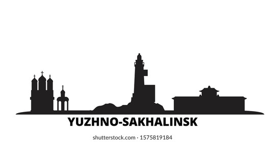 Russia, Yuzhno Sakhalinsk city skyline isolated vector illustration. Russia, Yuzhno Sakhalinsk travel black cityscape