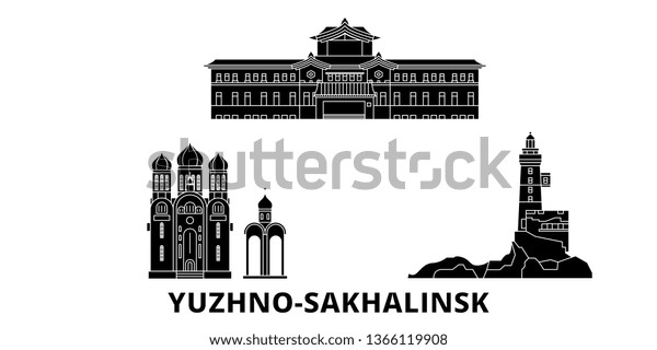 Russia, Yuzhno Sakhalinsk flat travel skyline\
set. Russia, Yuzhno Sakhalinsk black city vector illustration,\
symbol, travel sights,\
landmarks.
