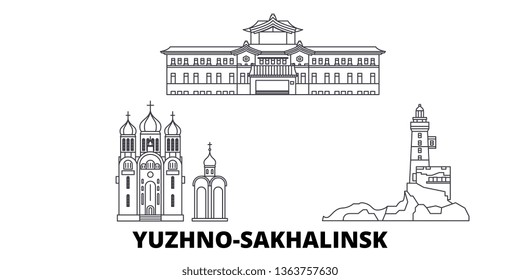 Russia, Yuzhno Sakhalinsk line travel skyline set. Russia, Yuzhno Sakhalinsk outline city vector illustration, symbol, travel sights, landmarks.