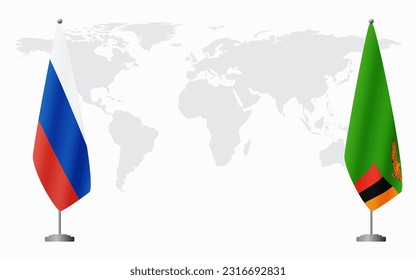 Russia and Zambia flags for official meeting against background of world map.