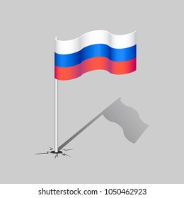 Russiaflag with flagpole and shadow isolated on gray background. National symbol. Vector illustration.