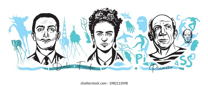Russia-May 2021: Shocking artists surrounded by decorative elements from their paintings. Vector miniature portraits of Salvador Dali, Frida Kahlo and Pablo Picasso.