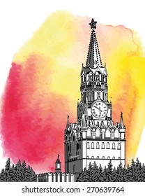 Russia.Moscow Kremlin silhouette on watercolor bright spot. Background,backdrop,poster,banner card.Vector illustration