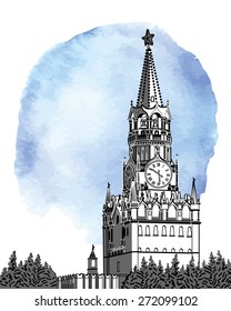 Russia.Moscow Kremlin silhouette on watercolor blue sky stein. Background,backdrop,poster,banner card.Vector illustration