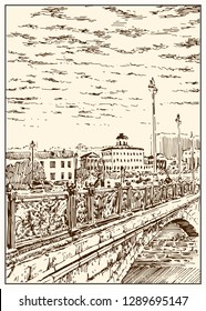 Russia.Moscow. Urban view of the city street with buildings, bridge and cars. Summer day black and white hand drawing with pen and ink. Sketch style.Vector illustration.