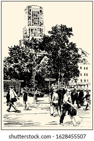 Russia.Moscow. Urban view of the city street with buildings, people and cars. Summer day black and hand drawing with pen and ink. Engraving, etching, sketch style.