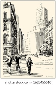 Russia.Moscow. Urban view of the city street with buildings, people and cars. Summer day black and hand drawing with pen and ink. Engraving, etching, sketch style.
